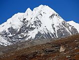 19 Goldum Close Up As Trek Nears Shishapangma Advanced Base Camp Goldum (6630m) close up as the trek nears Shishapangma Southwest Advanced Base Camp. The mountain poking out on the right is Langtang Ri (7239m).